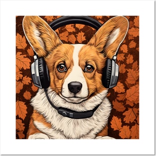 Corgi in Headphones Funny Corgi Dog Lover Autumn Gift Posters and Art